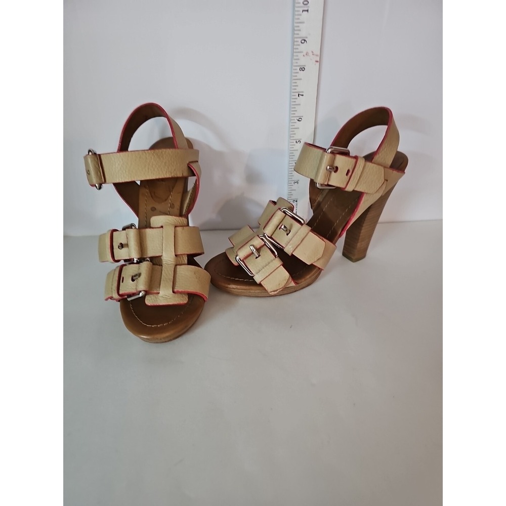 THEORY Shoes Size 38 US 7 Beige Pebbled Leather Strappy Heeled Sandal Red Trim